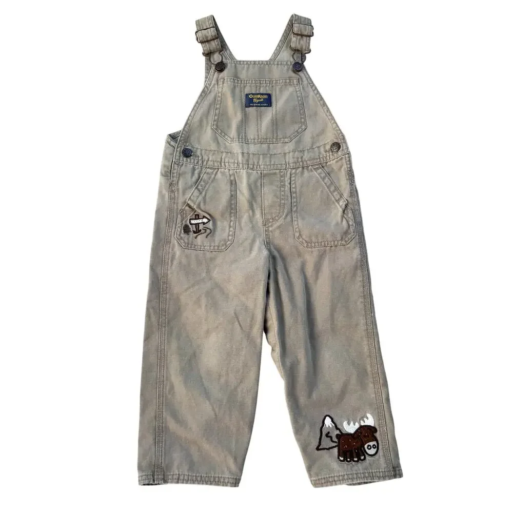 Vtg Oshkosh Beige Overalls with Moose Appliqués Size